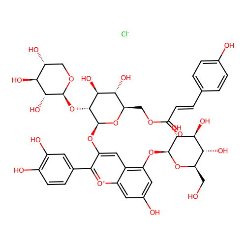 Cyanidin 3-(6-(4-coumaroyl)-2-(xylosyl)-glucoside)-5-glucoside structure
