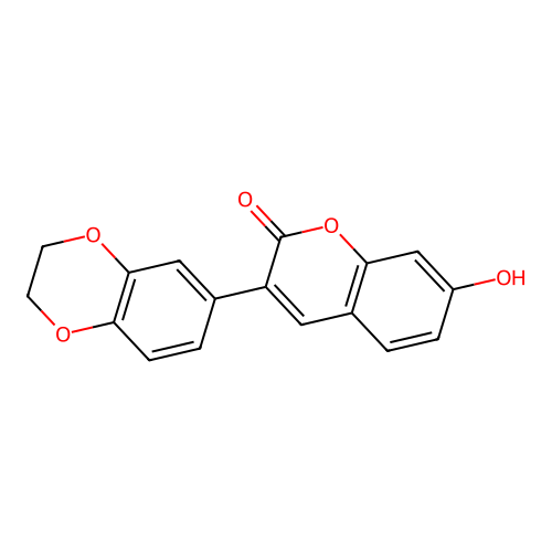 3-(2H,3H-benzo[3,4-e]1,4-dioxin-6-yl)-7-hydroxychromen-2-one structure