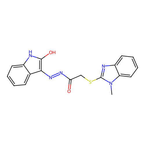 2-(1-methylbenzimidazol-2-yl)sulfanyl-N'-(2-oxoindol-3-yl)acetohydrazide structure