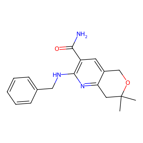 2-(benzylamino)-7,7-dimethyl-7,8-dihydro-5H-pyrano[4,3-b]pyridine-3-carboxamide structure
