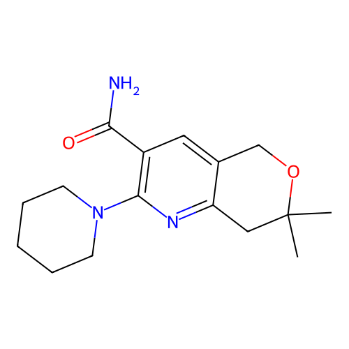 7,7-dimethyl-2-(piperidin-1-yl)-7,8-dihydro-5H-pyrano[4,3-b]pyridine-3-carboxamide structure
