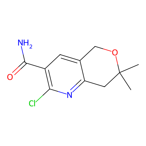 2-chloro-7,7-dimethyl-7,8-dihydro-5H-pyrano[4,3-b]pyridine-3-carboxamide structure