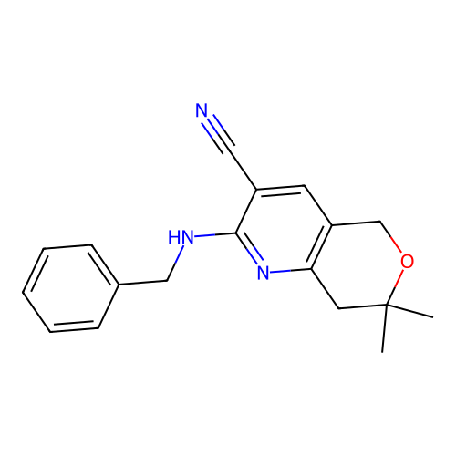 2-(benzylamino)-7,7-dimethyl-7,8-dihydro-5H-pyrano[4,3-b]pyridine-3-carbonitrile structure