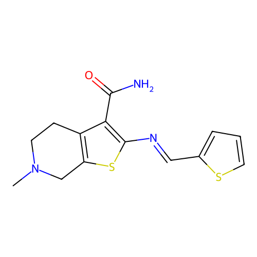 6-methyl-2-[(E)-2-thenylideneamino]-5,7-dihydro-4H-thieno[2,3-c]pyridine-3-carboxamide structure