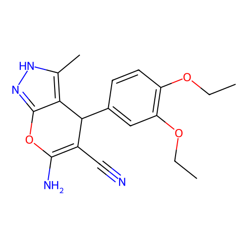 6-amino-4-(3,4-diethoxyphenyl)-3-methyl-1,4-dihydropyrano[2,3-c]pyrazole-5-carbonitrile structure