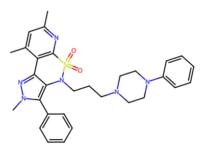 Pyrazolo(4,3-c)pyrido(3,2-e)(1,2)thiazine, 2,4-dihydro-3-phenyl-4-(3-(4-phenyl-1-piperazinyl)propyl)-2,7,9-trimethyl-, 5,5-dioxide structure