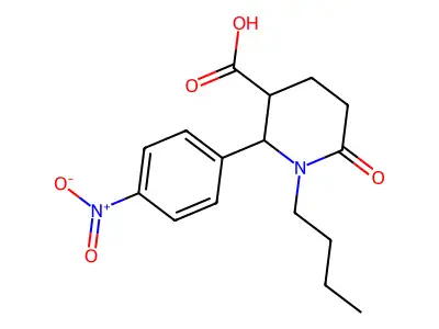 1-Butyl-2-(4-nitrophenyl)-6-oxo-3-piperidinecarboxylic acid structure