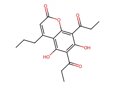 2H-1-Benzopyran-2-one, 5,7-dihydroxy-6,8-bis(1-oxopropyl)-4-propyl- structure