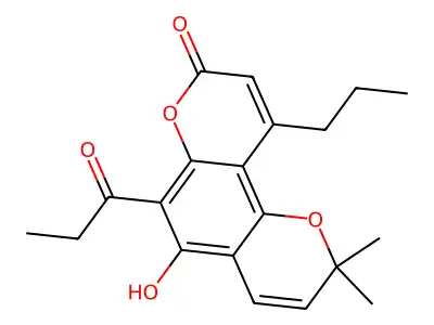 5-Hydroxy-2,2-dimethyl-6-propionyl-10-propyl-2H,8H-pyrano[2,3-f]chromen-8-one structure