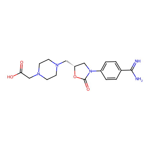 (4-{[(5R)-3-(4-carbamimidoylphenyl)-2-oxo-1,3-oxazolidin-5-yl]methyl}piperazin-1-yl)acetic acid structure
