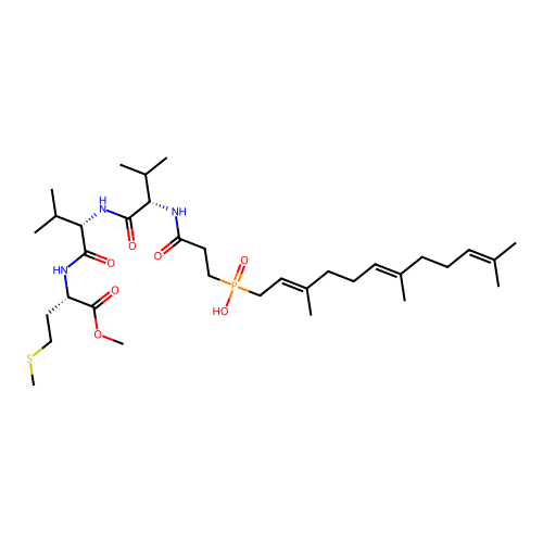 ((5S,8S,11S)-8,11-diisopropyl-5-(methoxycarbonyl)-7,10,13-trioxo-2-thia-6,9,12-triazapentadecan-15-yl)((2E,6E)-3,7,11-trimethyldodeca-2,6,10-trien-1-yl)phosphinic acid structure