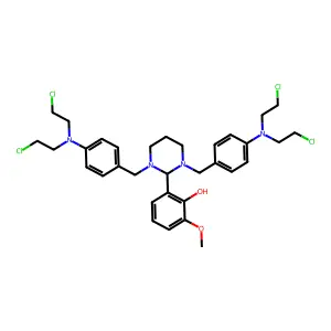 2-[1,3-bis[[4-[bis(2-chloroethyl)amino]phenyl]methyl]-1,3-diazinan-2-yl]-6-methoxyphenol structure