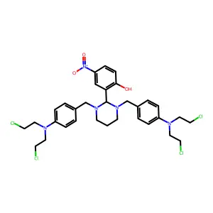 2-[1,3-bis[[4-[bis(2-chloroethyl)amino]phenyl]methyl]-1,3-diazinan-2-yl]-4-nitrophenol structure
