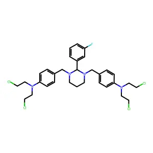 4-[[3-[[4-[bis(2-chloroethyl)amino]phenyl]methyl]-2-(3-fluorophenyl)-1,3-diazinan-1-yl]methyl]-N,N-bis(2-chloroethyl)aniline structure