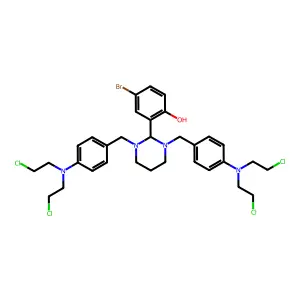 2-[1,3-bis[[4-[bis(2-chloroethyl)amino]phenyl]methyl]-1,3-diazinan-2-yl]-4-bromophenol structure