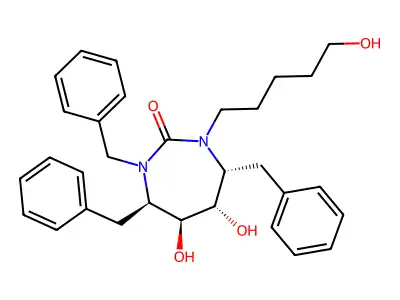 2H-1,3-Diazepin-2-one, hexahydro-5,6-dihydroxy-1-(5-hydroxypentyl)-3,4,7-tris(phenylmethyl)-, (4R,5S,6S,7R)- structure