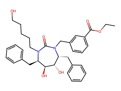 Benzoic acid, 3-(((4R,5S,6S,7R)-hexahydro-5,6-dihydroxy-3-(5-hydroxypentyl)-2-oxo-4,7-bis(phenylmethyl)-1H-1,3-diazepin-1-yl)methyl)-, ethyl ester structure