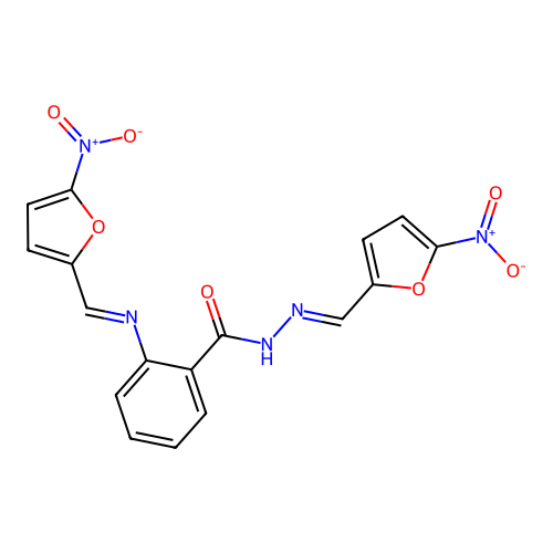 n'-[(5-nitrofuran-2-yl)methylidene]-2-{[(e)-(5-nitrofuran-2-yl)methylidene]amino}benzohydrazide structure