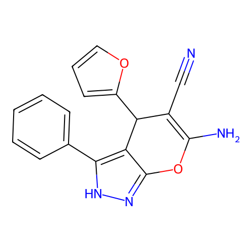 6-Amino-4-(furan-2-yl)-3-phenyl-1,4-dihydropyrano[2,3-c]pyrazole-5-carbonitrile structure