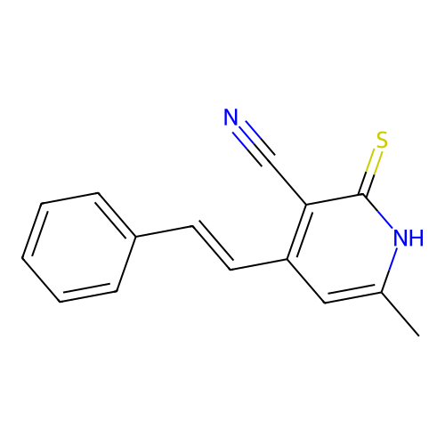 (E)-6-methyl-4-styryl-2-thioxo-1,2-dihydropyridine-3-carbonitrile structure