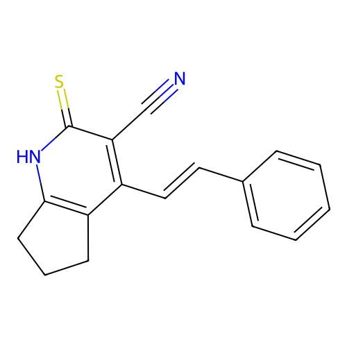 (E)-4-styryl-2-thioxo-2,5,6,7-tetrahydro-1H-cyclopenta[b]pyridine-3-carbonitrile structure