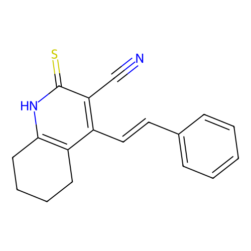 (E)-4-styryl-2-thioxo-1,2,5,6,7,8-hexahydroquinoline-3-carbonitrile structure