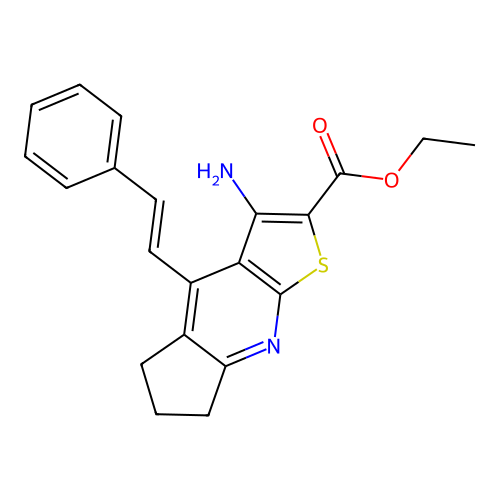 (E)-ethyl 3-amino-4-styryl-6,7-dihydro-5H-cyclopenta[b]thieno[3,2-e]pyridine-2-carboxylate structure
