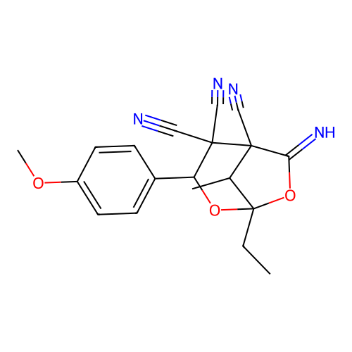 1-ethyl-6-imino-3-(4-methoxyphenyl)-8-methyl-2,7-dioxabicyclo[3.2.1]octane-4,4,5-tricarbonitrile structure