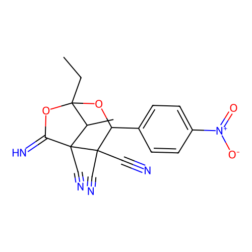 1-ethyl-6-imino-8-methyl-3-(4-nitrophenyl)-2,7-dioxabicyclo[3.2.1]octane-4,4,5-tricarbonitrile structure