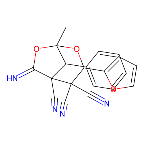 3-(furan-2-yl)-6-imino-1-methyl-8-phenyl-2,7-dioxabicyclo[3.2.1]octane-4,4,5-tricarbonitrile structure