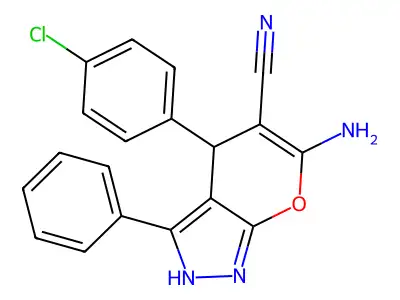 6-amino-4-(4-chlorophenyl)-3-phenyl-1,4-dihydropyrano[2,3-c]pyrazole-5-carbonitrile structure