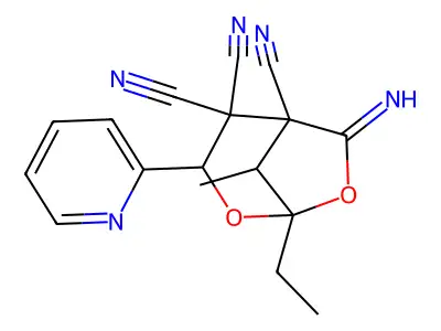 1-ethyl-6-imino-8-methyl-3-pyridin-2-yl-2,7-dioxabicyclo[3.2.1]octane-4,4,5-tricarbonitrile structure