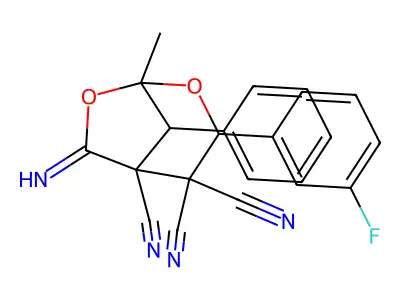3-(3-fluorophenyl)-6-imino-1-methyl-8-phenyl-2,7-dioxabicyclo[3.2.1]octane-4,4,5-tricarbonitrile structure