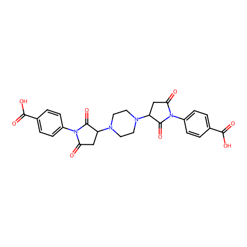 4,4'-[Piperazine-1,4-diylbis(2,5-dioxopyrrolidine-3,1-diyl)]dibenzoic acid structure