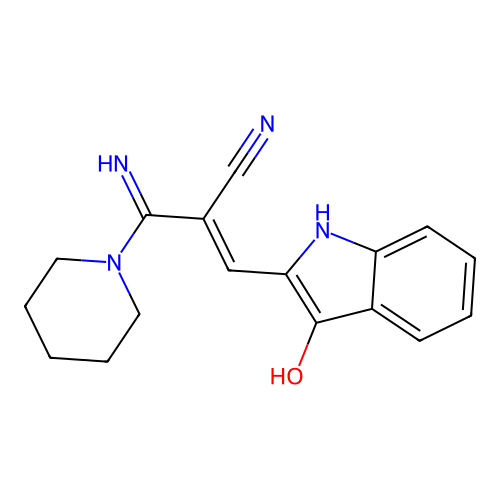 3-(3-hydroxy-1H-indol-2-yl)-2-(piperidine-1-carboximidoyl)prop-2-enenitrile structure