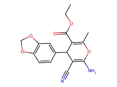 ethyl 6-amino-4-(1,3-benzodioxol-5-yl)-5-cyano-2-methyl-4H-pyran-3-carboxylate structure