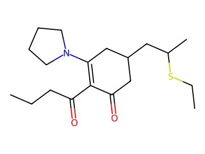 2-Butanoyl-5-(2-ethylsulfanylpropyl)-3-pyrrolidin-1-ylcyclohex-2-en-1-one structure