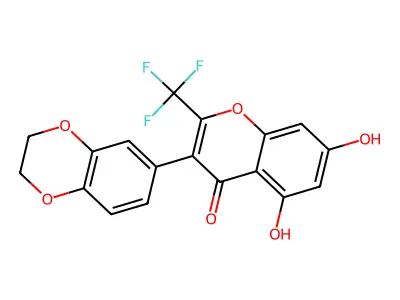 3-(2,3-dihydro-1,4-benzodioxin-6-yl)-5,7-dihydroxy-2-(trifluoromethyl)-4H-chromen-4-one structure
