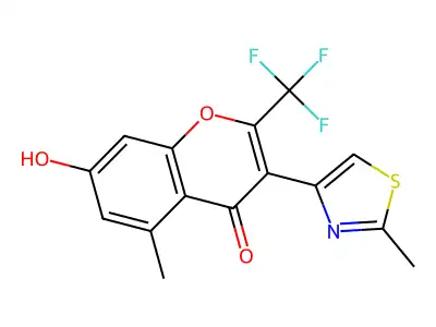 7-hydroxy-5-methyl-3-(2-methyl-1,3-thiazol-4-yl)-2-(trifluoromethyl)-4H-chromen-4-one structure