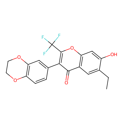 3-(2,3-dihydrobenzo[b][1,4]dioxin-6-yl)-6-ethyl-7-hydroxy-2-(trifluoromethyl)-4H-chromen-4-one structure