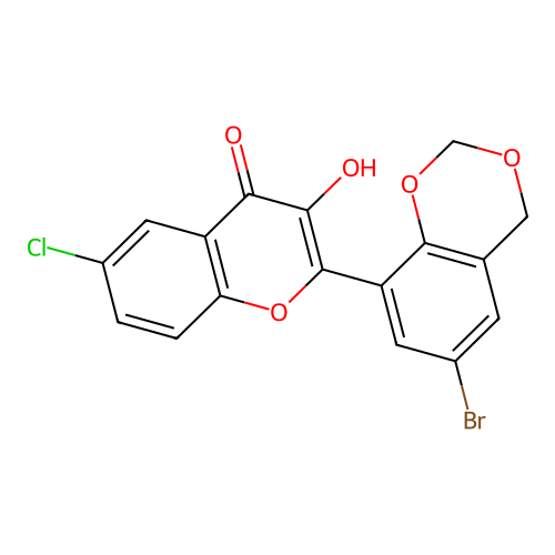 2-(6-bromo-4H-benzo[d][1,3]dioxin-8-yl)-6-chloro-3-hydroxy-4H-chromen-4-one structure