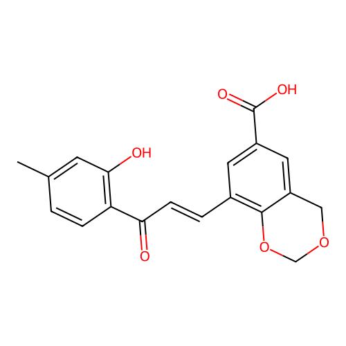 (E)-8-(3-(2-hydroxy-4-methylphenyl)-3-oxoprop-1-en-1-yl)-4H-benzo[d][1,3]dioxine-6-carboxylic acid structure