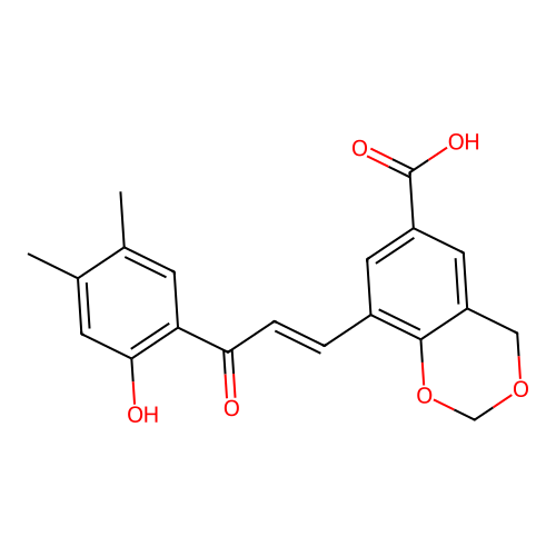 (E)-8-(3-(2-hydroxy-4,5-dimethylphenyl)-3-oxoprop-1-en-1-yl)-4H-benzo[d][1,3]dioxine-6-carboxylic acid structure