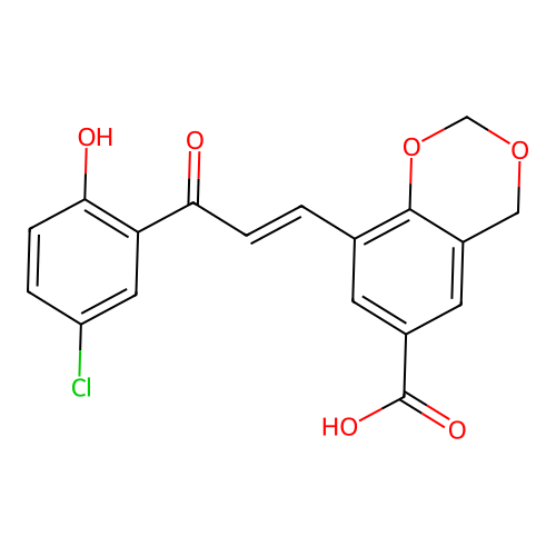 (E)-8-(3-(5-chloro-2-hydroxyphenyl)-3-oxoprop-1-en-1-yl)-4H-benzo[d][1,3]dioxine-6-carboxylic acid structure