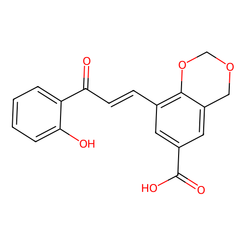 8-[(1E)-3-(2-hydroxyphenyl)-3-oxoprop-1-en-1-yl]-4H-1,3-benzodioxine-6-carboxylic acid structure