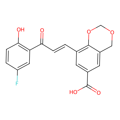 (E)-8-(3-(5-fluoro-2-hydroxyphenyl)-3-oxoprop-1-en-1-yl)-4H-benzo[d][1,3]dioxine-6-carboxylic acid structure