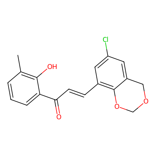 (2E)-3-(6-chloro-4H-1,3-benzodioxin-8-yl)-1-(2-hydroxy-3-methylphenyl)prop-2-en-1-one structure