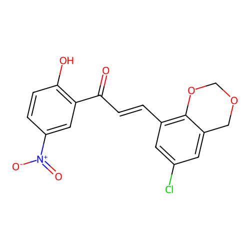 (2E)-3-(6-chloro-4H-1,3-benzodioxin-8-yl)-1-(2-hydroxy-5-nitrophenyl)prop-2-en-1-one structure