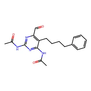 N-[2-acetamido-6-formyl-5-(4-phenylbutyl)pyrimidin-4-yl]acetamide structure