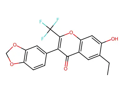 3-(2H-1,3-benzodioxol-5-yl)-6-ethyl-7-hydroxy-2-(trifluoromethyl)-4H-chromen-4-one structure